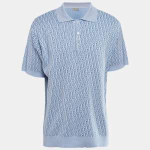 Dior Blue Oblique Patterned Cotton Knit Polo L