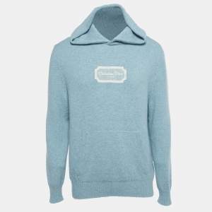 Pre Owned Dior Homme Turquoise Logo Embroidered Cashmere Hoodie M