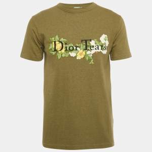 Pre Owned Dior Homme X Denim Tears Olive Green Floral Logo Embroidered Cotton T-Shirt XXS  