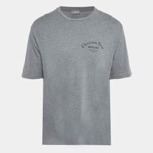 Pre Owned تي شيرت رجالي ديور أتيليه رمادي بطبعة جيرسي رقبة مستديرة مقاس كبير - لارج