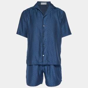 Pre Owned Dior Homme Navy Blue Oblique Satin Shirt and Shorts Set S