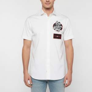 Pre Owned Christian Dior White Chest Applique Poplin Short Sleeve Shirt M