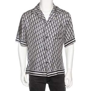 Dior Homme Navy Blue Oblique Monogram Silk Short Sleeve Shirt L