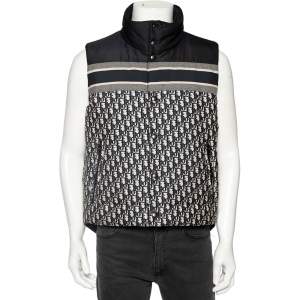 Dior Navy Blue Oblique Monogram Synthetic Reversible Sleeveless Puffer Jacket L