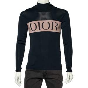 Dior Homme Navy Blue Knit Cashmere Logo Intrasia Knit Trim High Neck Sweater XS