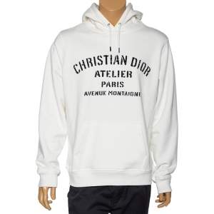 Dior White Logo Printed Cotton Long Sleeve Hoodie L 