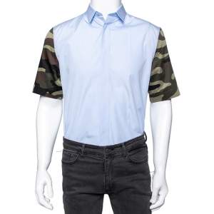 Dior Blue & Camouflage Sleeve Detail Cotton Button Front Shirt M