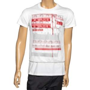 Dior White Printed Cotton and Mesh Overlay Short Sleeve T-shirt XS
