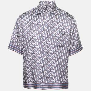 Dior Blue Oblique Pixel Printed Silk Short Sleeve Shirt XL