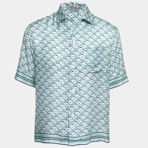 Dior Blue Oblique Pixel Print Silk Short Sleeve Shirt M