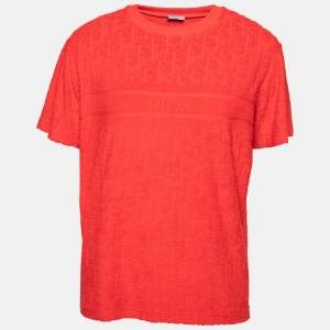 Dior Red Oblique Jacquard Terry Cotton Short Sleeve T-Shirt M