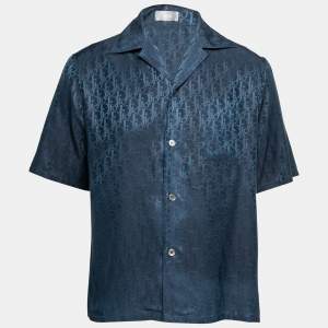 Dior Navy Blue Oblique Print Silk & Cotton Bowling Shirt M 