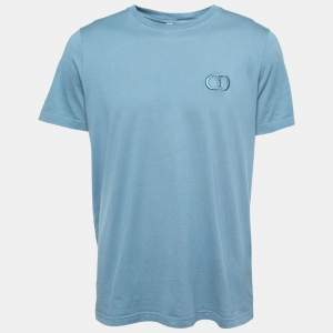 Dior Blue Cotton Logo Embroidered Short Sleeve T-Shirt XXL