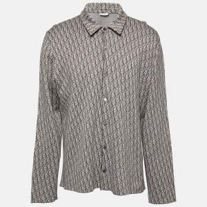 Dior Brown & Grey Oblique Logo Jacquard Knit Button Front Shirt XXL