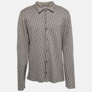Dior Brown & Grey Oblique Logo Jacquard Knit Button Front Shirt XXL