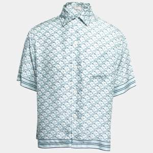 Dior Blue Oblique Silk Button Front Hawaiian Shirt XXL