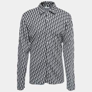 Dior Navy Blue Oblique Patterned Cotton Knit Button Front Shirt XL