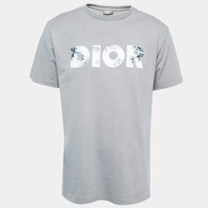 Dior Homme X Daniel Arsham Grey Eroded Logo Print Cotton Crew Neck T-Shirt M