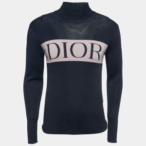 Dior Navy Blue Knit Logo Intarsia High Neck Jumper XS