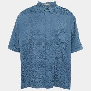 Dior Blue Jacquard Silk Short Sleeve Shirt 2XL
