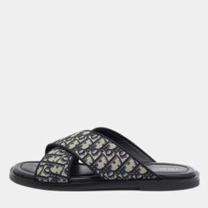 Dior Blue/White Canvas Aqua Crisscross Flat Sandals Size 45