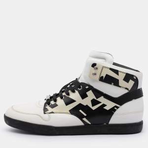 Dior White/Black Printed Leather High Top Sneakers Size 41.5