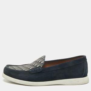 Dior Navy Blue Suede/Beige and Oblique Jacquard Granville Loafers Size 41.5