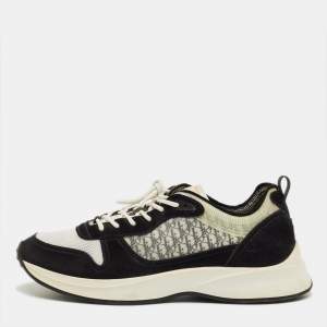 Pre Owned Dior Black/White Suede and Oblique Mesh Runner B25 Lace Up Sneakers Size 46