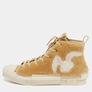 Pre Owned Dior Beige Leather and Shearling Fur B23 High Top Sneakers Size 42