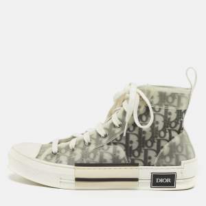 Pre Owned حذاء رياضي ديور ب23 قماش شبك مائل باللون الأبيض/الأسود ومطاط برقبة عالية مقاس 40