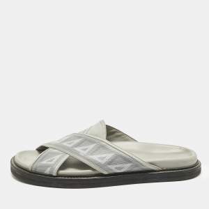 Pre Owned Dior Aqua Size 46 Grey Canvas and Leather CD Diamond Flat Slide