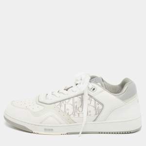 Pre Owned حذاء رياضي ديور B27 جلد أبيض بنمط مائل برباط مقاس 43.5