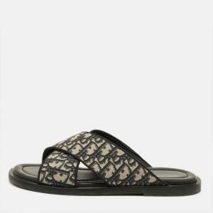 Pre Owned Dior Alias Size 43 Black/Grey/Canvas Leather Slide Sandals