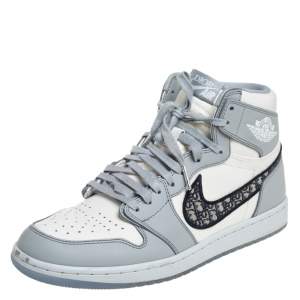 Jordan x Dior Grey/White Leather Air Jordan 1 Retro High Top Sneakers Size 43