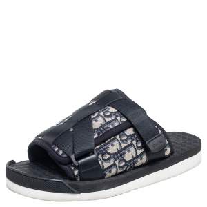 Dior Navy Blue Oblique Canvas Alpha Slide Flats Size 42
