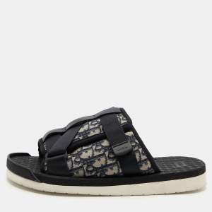 Dior Navy Blue/Black Oblique Canvas Alpha Slide Flats Size 46