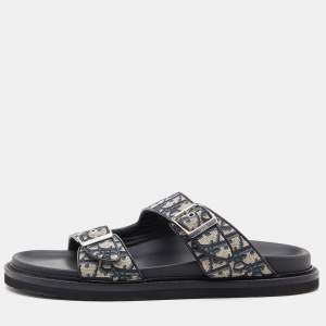 Dior Blue/Black Oblique Canvas and Leather Aqua Slides Size 45