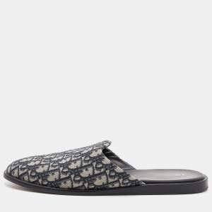 Dior Blue/Beige Oblique Embroidered Canvas Mules Size 45