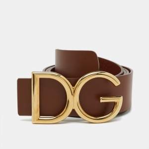 Pre Owned Dolce & Gabbana Brown Leather DG Logo Buckle Belt 100CM
