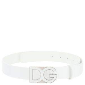 Pre Owned Dolce & Gabbana White Leather DG Belt Size CM 105