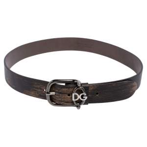Pre Owned Dolce & Gabbana Black/Brown Textured Leather Logo Buckle Belt 95CM