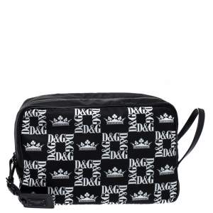 Dolce & Gabbana Black Crown Print Nylon and Leather Pouch