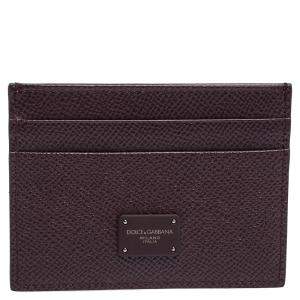 Pre Owned Dolce & Gabbana Burgundy Leather Logo Plaque Card Holder