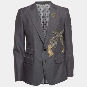 Pre Owned Dolce & Gabbana Grey Crystal Embellished Wool Blazer L