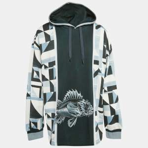 Dolce & Gabbana Blue Geometric Print Cotton Panel Hoodie L 