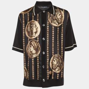 Pre Owned Dolce & Gabbana Black Printed Silk & Knit Short Sleeve Shirt M