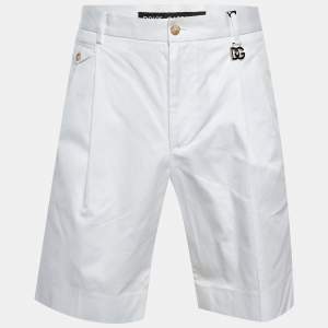 Pre Owned Dolce & Gabbana White Cotton DG Charm Pleated Shorts M/Waist 35"