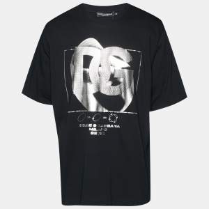 Pre Owned تي شيرت دولتشي أند غابانا x يو أن إكس دي طباعة شعار دي جي جيرسي برقبة مستديرة أسود مقاس كبير جدًا - إكس إل