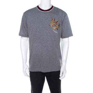 مملوكة مسبقًا Dolce & Gabbana Grey Cotton Jersey Crown Embroidered T-shirt M