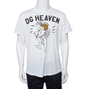 مملوكة مسبقًا تي شيرت دولتشي أند غابانا رقبة مستديرة قطن طباعة دي جي هيفن أبيض مقاس كبير